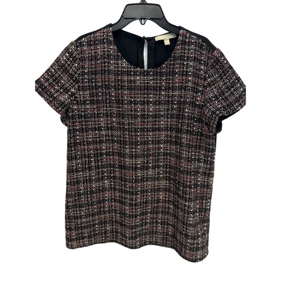 Banana Republic Tweed Short Sleeve Top Black Red Medium M Preppy Business - Picture 2 of 8